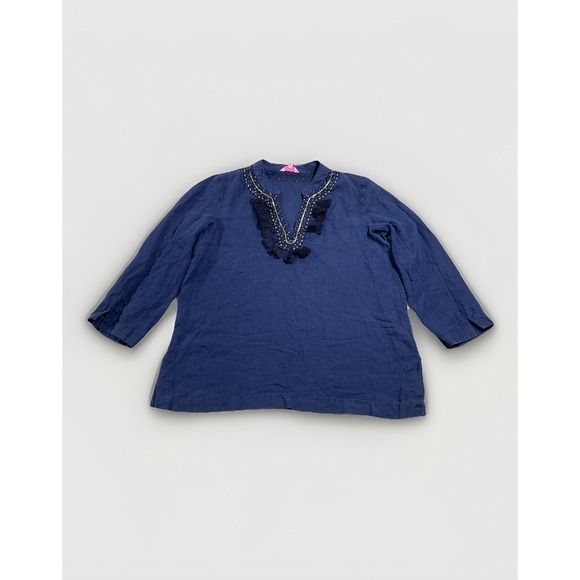 Lilly Pulitzer Tops - Lilly Pulitzer Amelia Island 100% Linen Tunic Women's Large Blue Gold‎ Trim Top